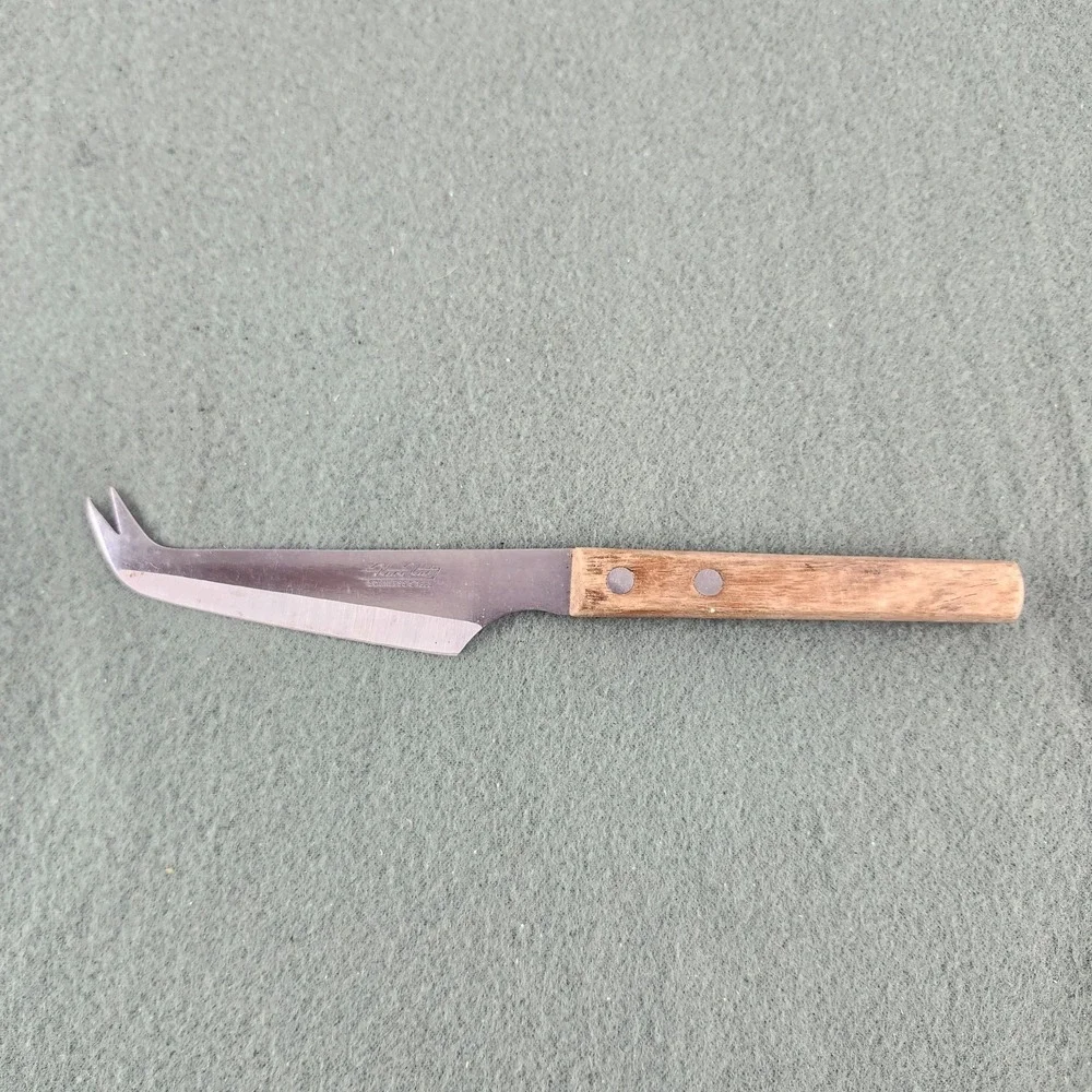 Kane Kut Stainless Japan Cheese Knife Vintage Two Prong Blade Wood Handle Tool